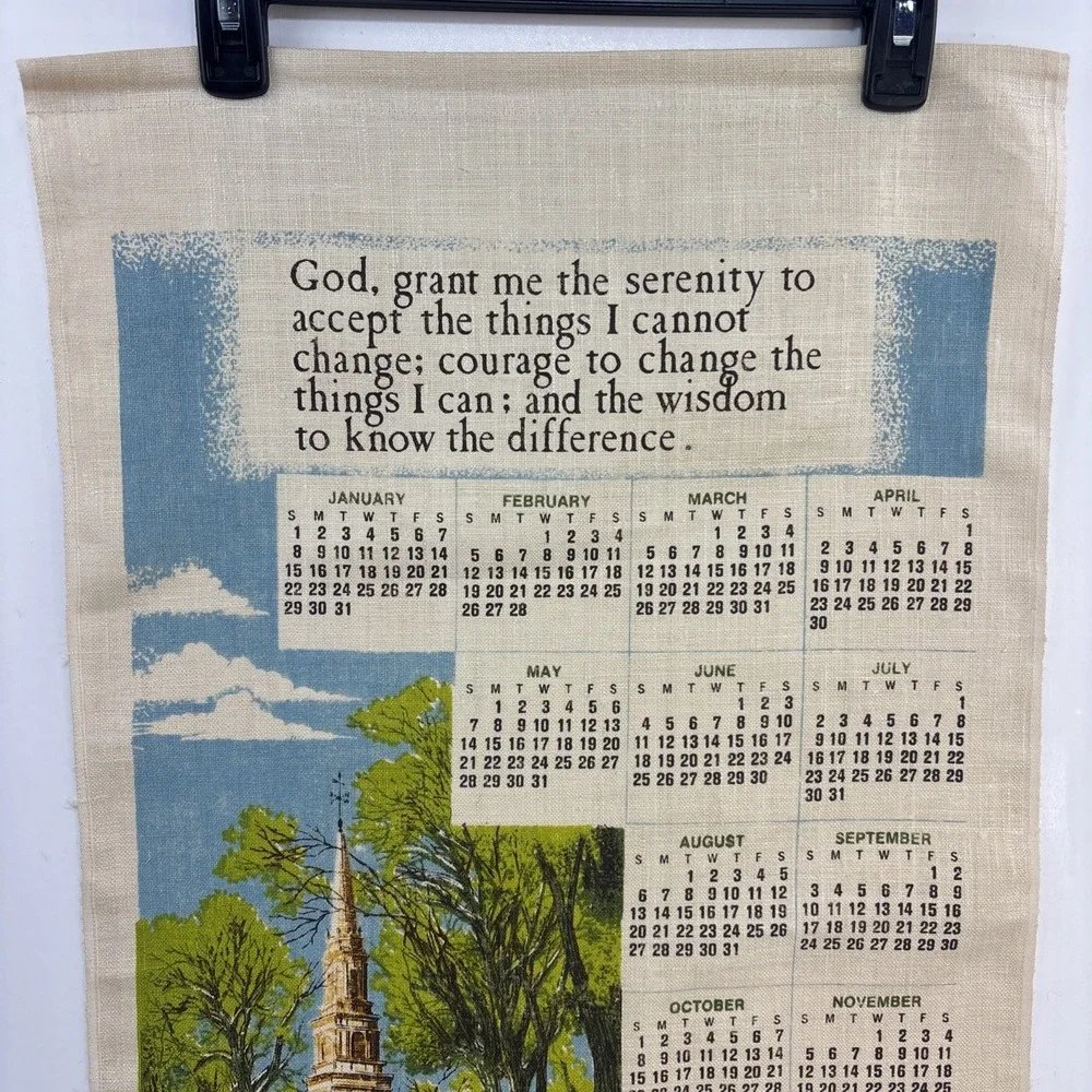 Vintage 1978 Kitchen Tea Towel Hanging Calendar God Grant Me Church Trees Flower